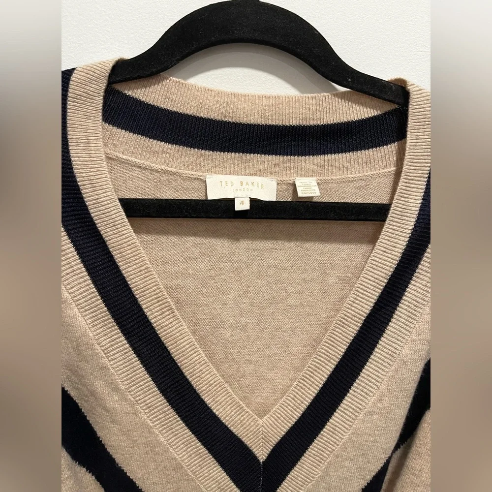 Ted Baker Merino Wool Cashmere Knit Long Sleeve Cream Black Midi Sweater Dress - Picture 7 of 9